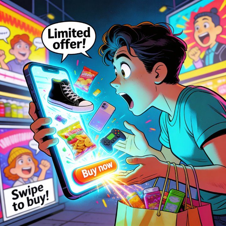 DigiAds44 Commerce Strategie - Sofort verkaufen Illustration Jugendlicher kauft Snacks im Supermarkt per Swipe-to-buy auf Smartphone mit "Limited Offer" Banner
