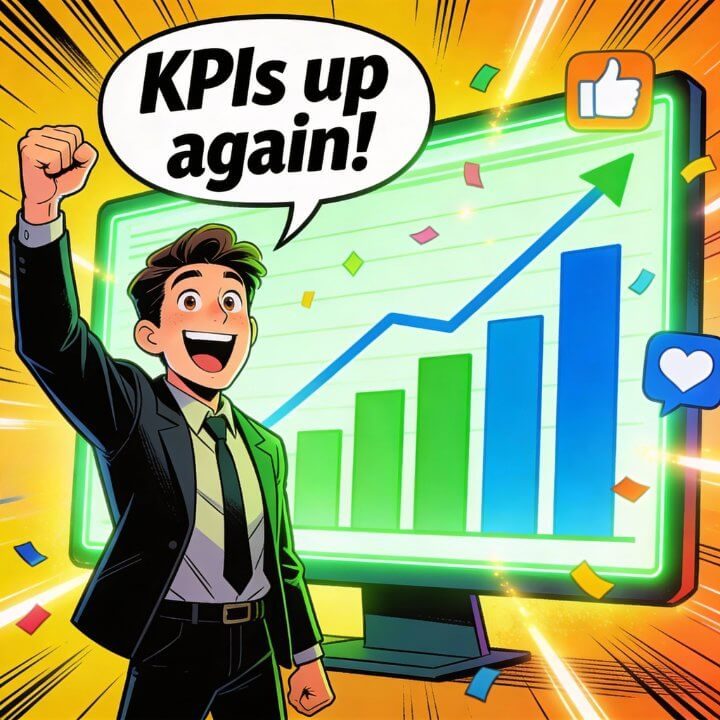 DigiAds44 Erfolge messen Comic Mann feiert KPIs hoch mit wachsenden Balkendiagrammen Like-Pfeil DigiAds44 Strategie