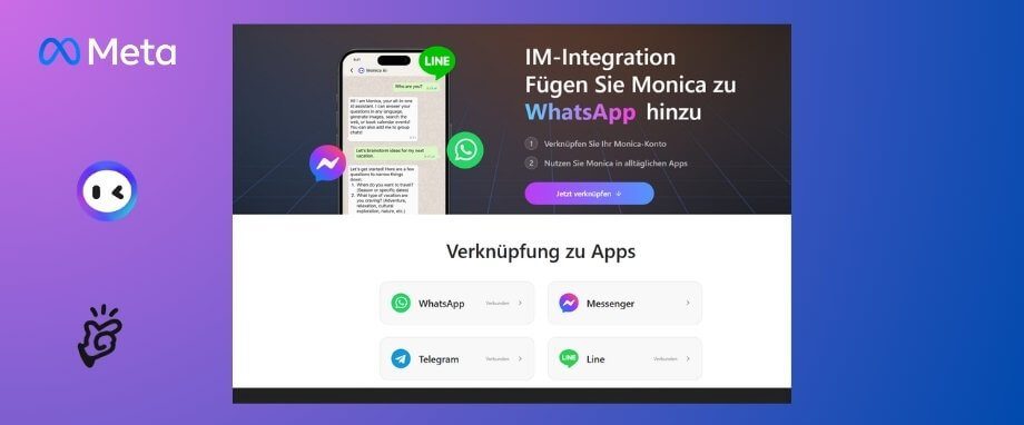 Monica AI: WhatsApp & Messenger Integration Übersicht der IM-Integration für Monica AI, speziell die Verknüpfung mit WhatsApp. Das Bild zeigt eine Benutzeroberfläche mit Chat Nachricht