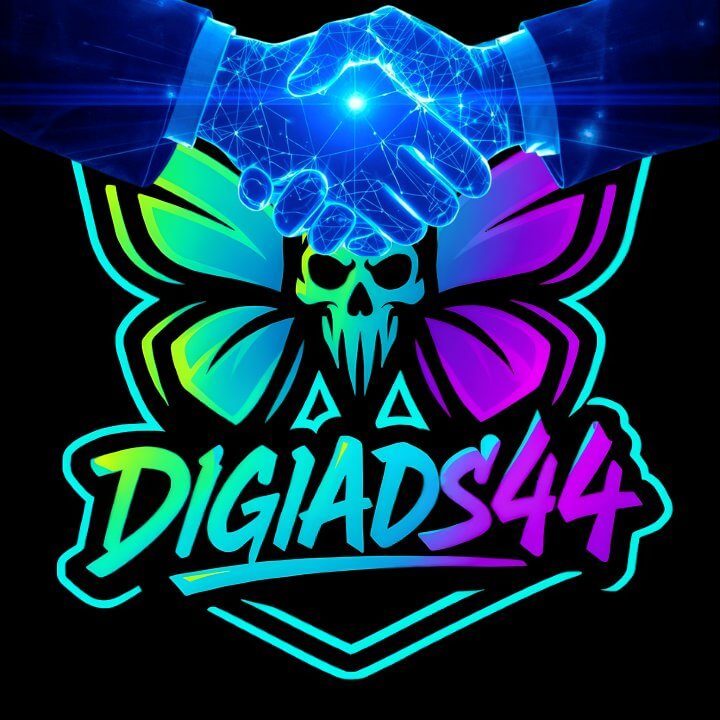 DigiAds44: Partnerschaft für digitalen Erfolg Digitaler Handschlag über dem DigiAds44-Logo mit Schmetterlings-Totenkopf in Neonfarben