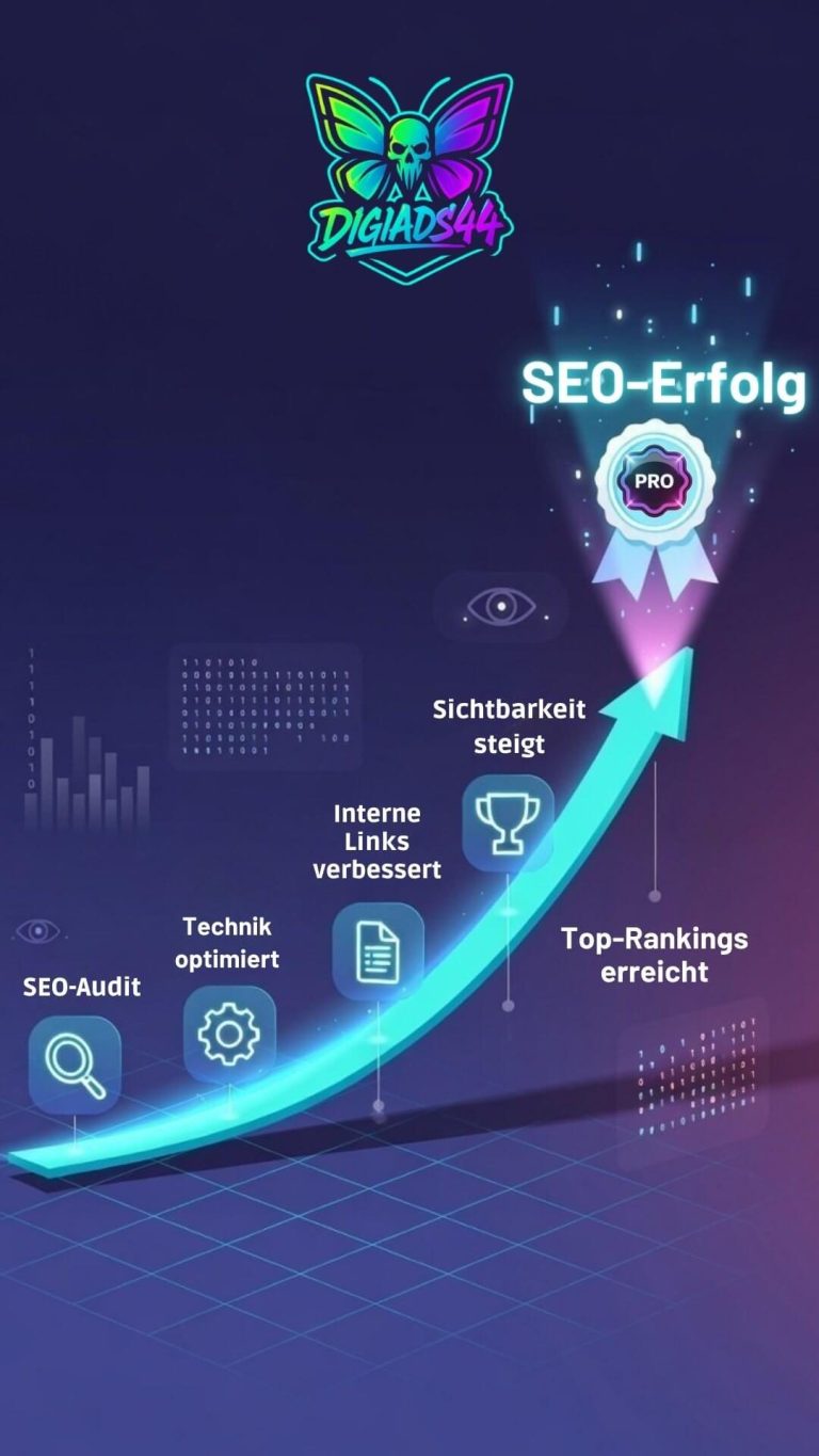 DigiAds44 SEO-Erfolg: Sichtbarkeit steigern DigiAds44 SEO-Erfolg-Infografik mit Sichtbarkeit, interne Links, Technik und Top-Rankings
