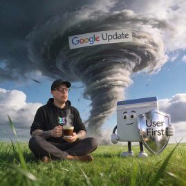 Google Updates überstehen mit DigiAds44 User First Strategie Dennis mit Kaffee neben User First Figur während Google Core Update Tornado durch das Internet fegt.