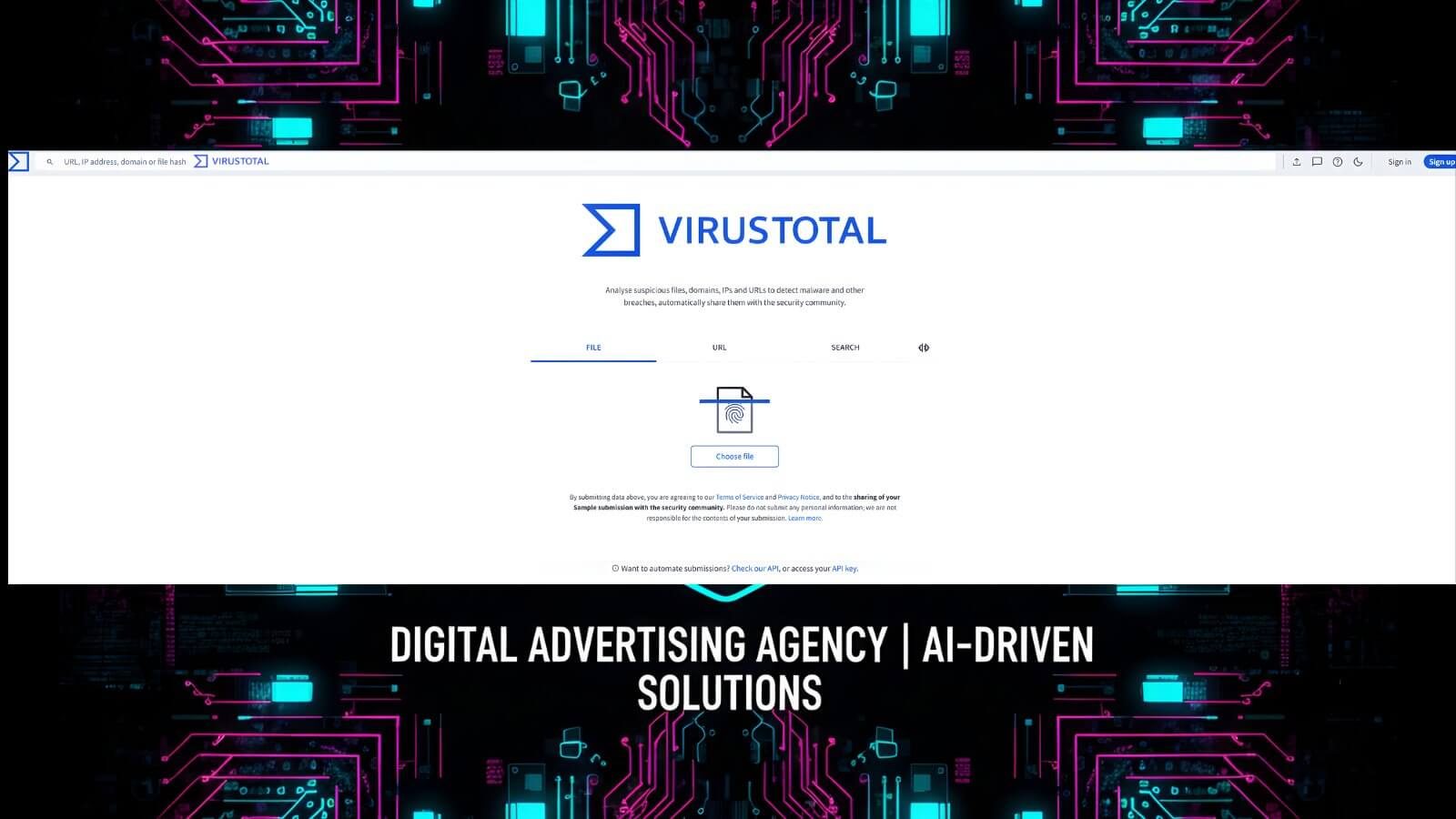 VirusTotal Check - Cybersicherheit VirusTotal Scan-Auswahl mit Digital Advertising Agency Overlay