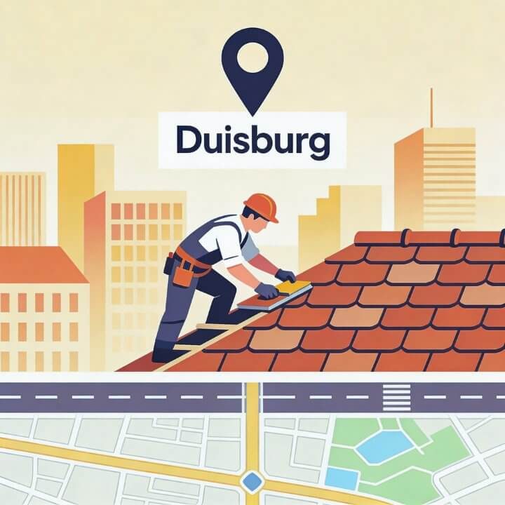 Mittlerer Wettbewerb - Lokale Keywords dominieren! "Dachdecker Duisburg" - Mittlerer Wettbewerb: Dachdecker mit Pin auf Duisburg-Map