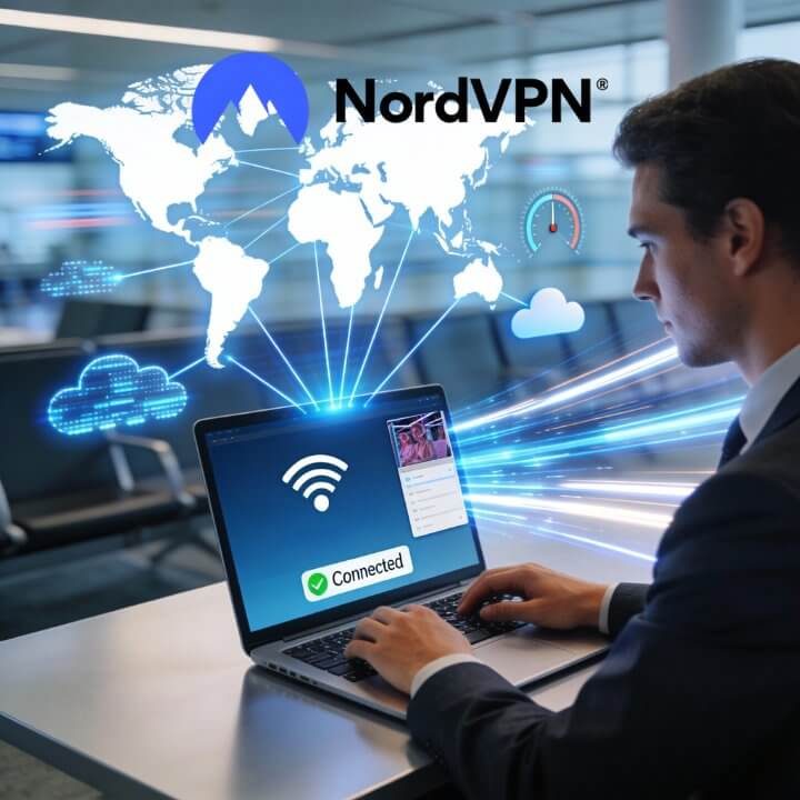 NordVPN: Weltweite Konnektivität für grenzenlose Sicherheit Mann nutzt Laptop mit NordVPN-Verbindung und Weltkarte mit vernetzten Servern im Hintergrund