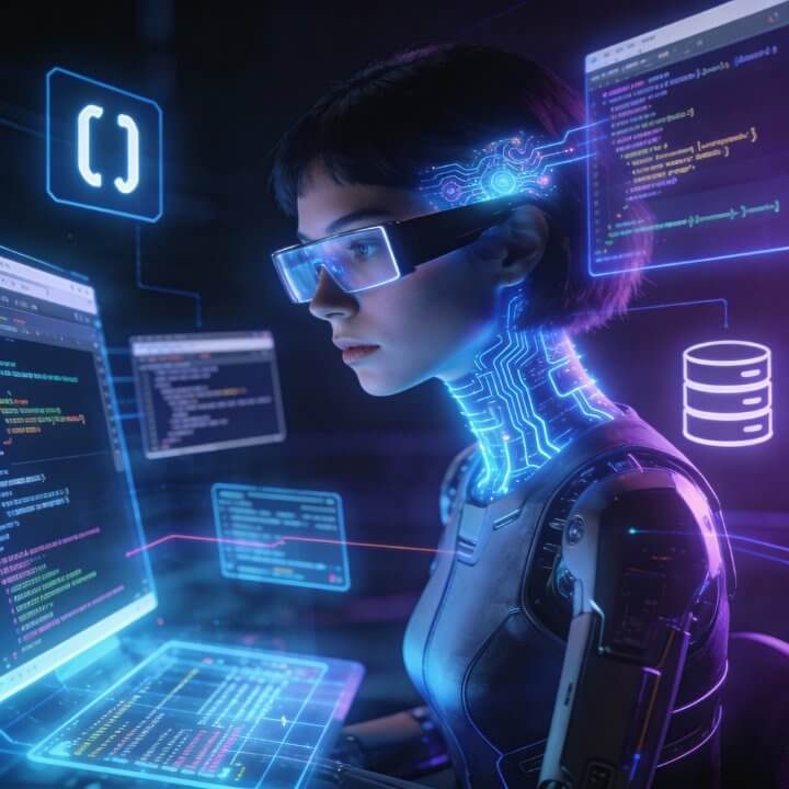 Dora AI Code-Spezialistin IONOS Momentum Team Code-Spezialistin Dora mit Code-Fenstern, Datenbanken und Syntax-Highlighting