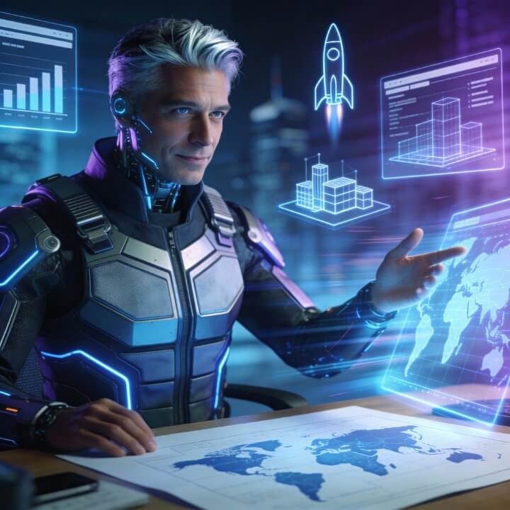 Simon AI SEO-Stratege IONOS Momentum Team SEO-Stratege Simon mit Weltkarte, Charts und Raketen-Launch-Hologrammen
