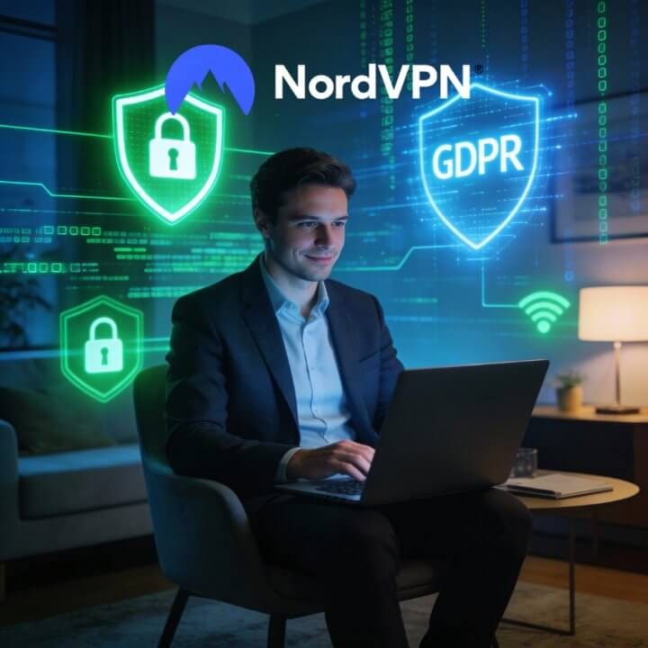 NordVPN: Digitale Sicherheit und DSGVO-Konformität Geschäftsmann mit Laptop umgeben von digitalen Sicherheitssymbolen, NordVPN-Logo und GDPR-Schild