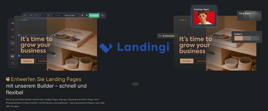Drag and Drop Landing Page Erstellung mit Landingi Landing Page Builder Interface mit Drag-and-Drop-Funktion, AI Assistant und Dark Style. Enwickelt von Landingi.