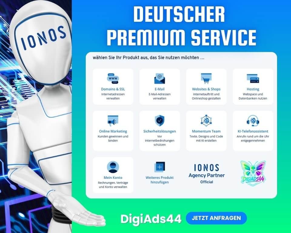 IONOS Dienstleistungen: Domains, Hosting, KI, Marketing Detailreiche Darstellung der IONOS Dienstleistungen: Robot, Domains & SSL, E-Mail, Webhosting, Online Marketing, Sicherheitslösungen und KI.