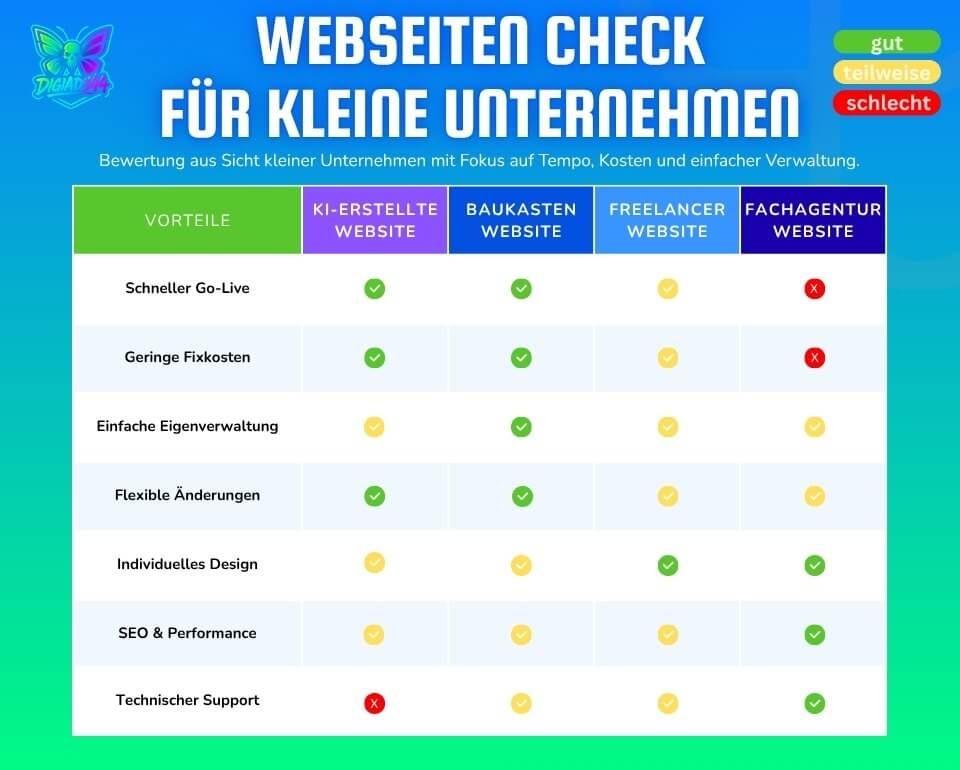 Webseiten Check für kleine Unternehmen: KI, Baukasten, Freelancer, Agentur Vergleichstabelle Website Typen für Kleinunternehmen: Analyse von KI-Websites, Baukasten-Websites, Freelancer-Websites und Agentur-Websites