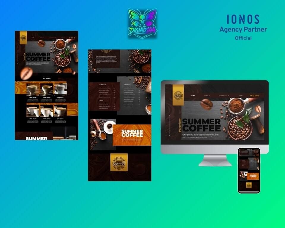 Summer Coffee Webdesign: Responsiv & SEO-optimiert Detailansicht des "Summer Coffee" Webdesigns, responsiv dargestellt auf verschiedenen Geräten, SEO-optimiert, Kaffeethema.