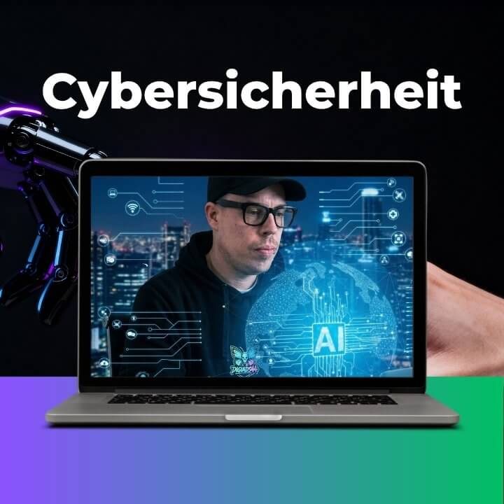 Cybersicherheit und KI: Digitale Schutzstrategien Spezialist Dennis für Cybersicherheit analysiert Daten auf Laptop, mit KI-Grafik und globalem Netzwerk.