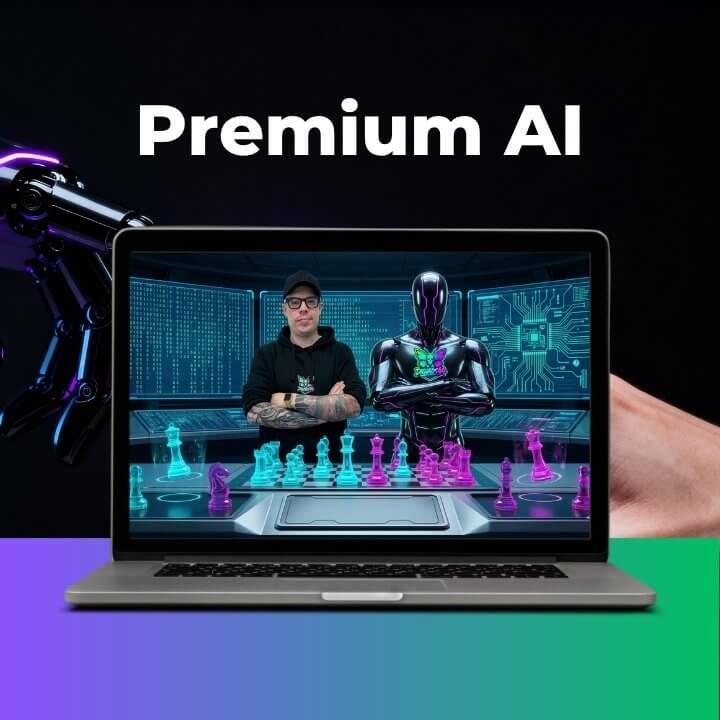 Premium AI: Mensch & KI Strategie Laptop zeigt Premium AI-Anwendung mit Mensch und künstlicher Intelligenz beim Schachspiel, digitale Strategie, Technologie, Innovation