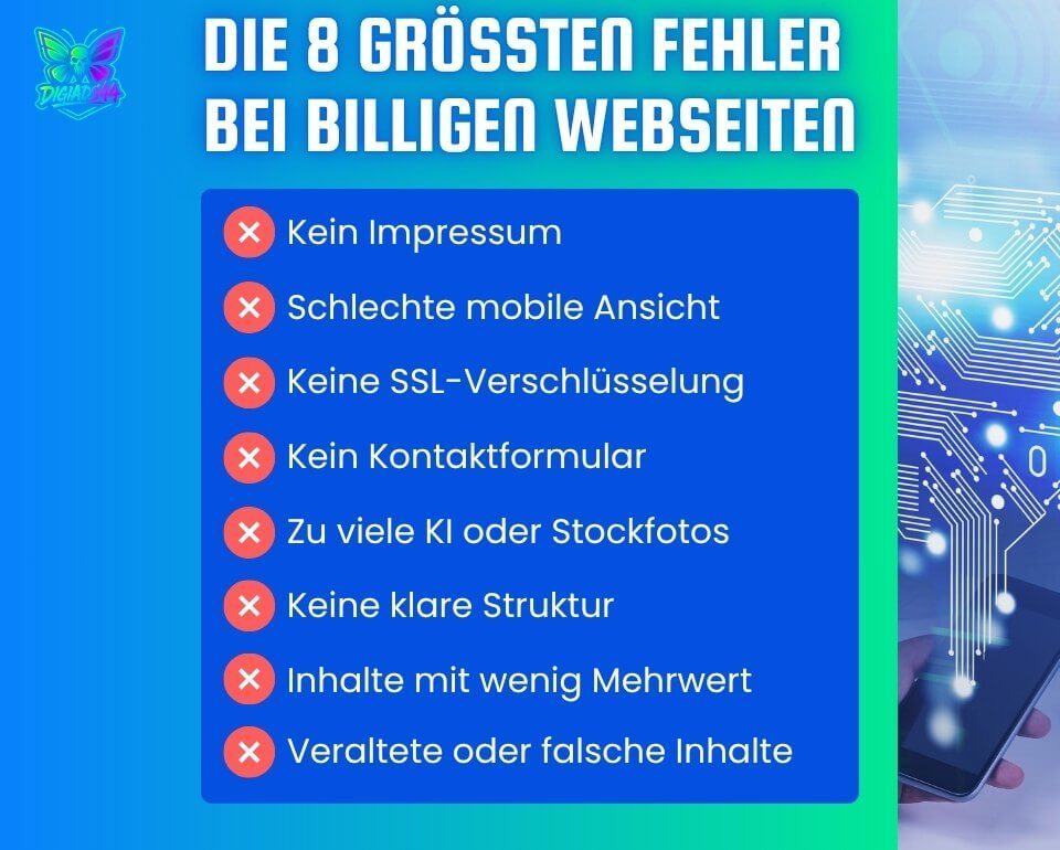 Günstige Webseiten: Top 8 Fehler vermeiden Darstellung der 8 häufigsten Fehler bei der Erstellung günstiger Webseiten, mit Fokus auf rechtliche, technische und inhaltliche Mängel.