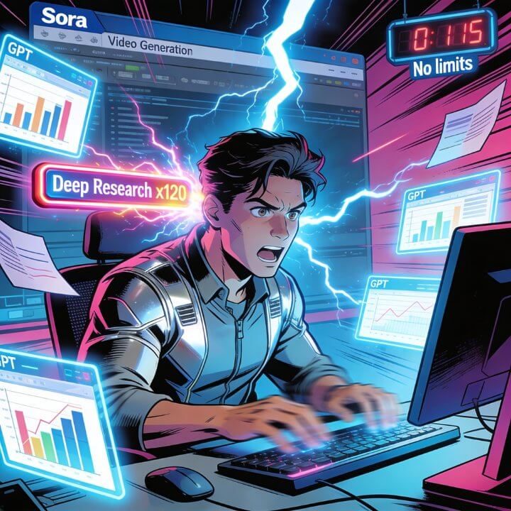 ChatGPT Pro - Deep Research x120 & Sora Boost Fokussierter User am PC mit ChatGPT Pro: Deep Research x120, Sora Video Generation, No Limits