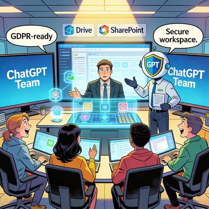 ChatGPT Team - GDPR-ready Secure Workspace Dynamisches Team vor Monitoren mit ChatGPT Team, integriert Drive/SharePoint, GDPR-ready und secure workspace