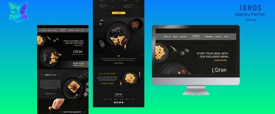 Responsives Webdesign für Gastronomie: L'Gran Responsive Restaurant-Website-Design für L'Gran, dargestellt auf Desktop, Tablet und Smartphone. Zeigt Waffeln, Trauben und Buchungsoptionen