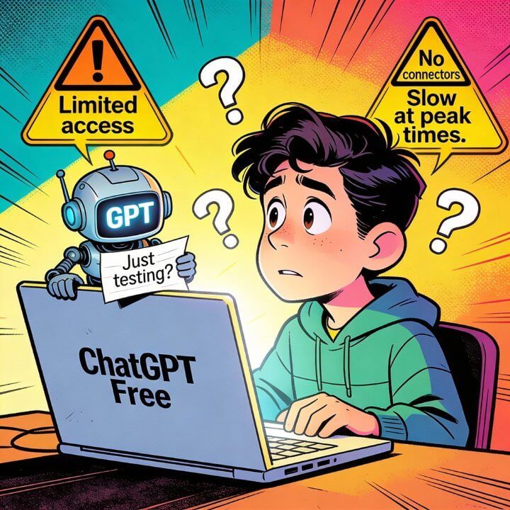 ChatGPT Free - Limited Access & Slow Peaks Unsicherer User testet ChatGPT Free: Limited access, slow at peak times, Fragezeichen