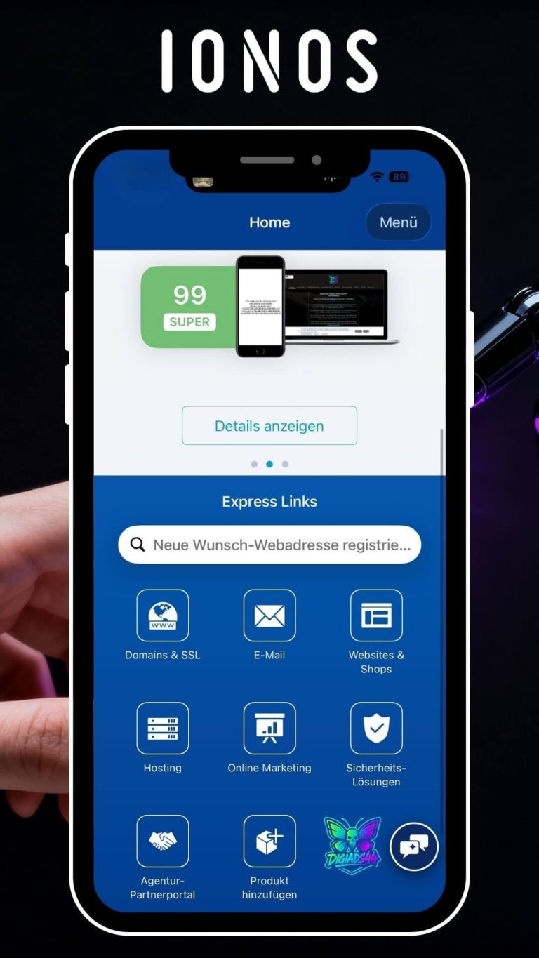 IONOS Mobile App: Hosting, Domains, Marketing Detailansicht der IONOS Mobile App auf einem modernen Smartphone. Die App zeigt die Hauptfunktionen.