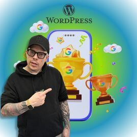 Top Google Rankings nur durch WordPress? Dennis mit Hoodie und Kappe präsentiert WordPress Erfolge: Google Ranking, Trophäen, Smartphone-Optimierung. Effektive SEO Strategien.