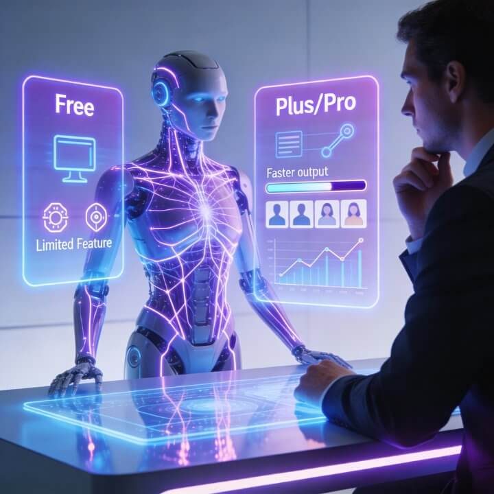 ChatGPT Beratung - DigiAds44 Abo-Auswahl: Free vs. Plus/Pro Geschäftsmann berät mit neonfarbener KI-Roboter: Free (limited) vs. Plus/Pro (faster output, Features)