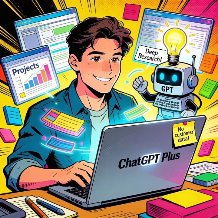 ChatGPT Plus - Projekte, Deep Research, No Limits Begeisterter User arbeitet mit ChatGPT Plus: Projekte, Deep Research, No customer data limits