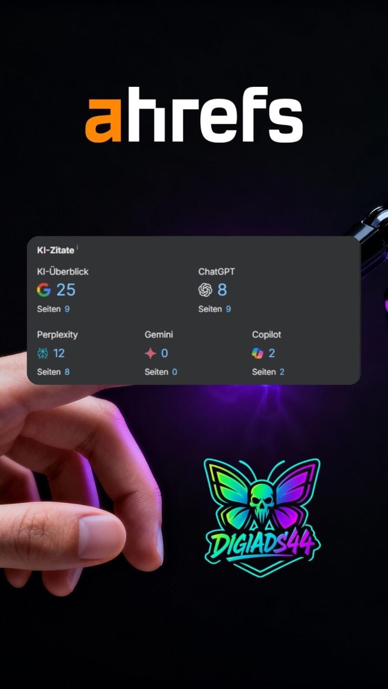 DigiAds44 KI-Tools + Ahrefs - SEO powered by AI Hand mit Ahrefs-Logo, KI-Tools (GPT 25K, Gemini, Copilot) und DigiAds44 neon - AI-gestützte SEO-Analyse
